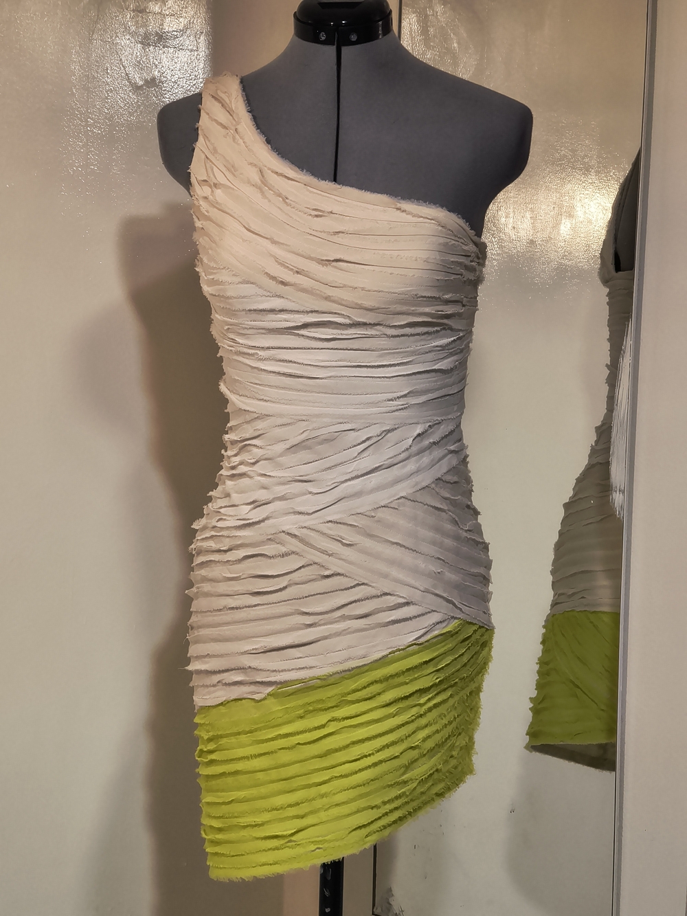 Bebe One-Shoulder Ruffled Mini Dress in Cream and Lime